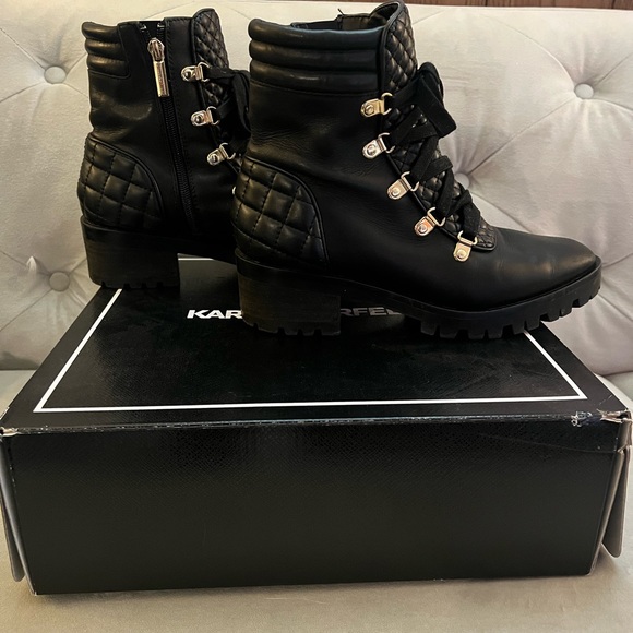 Karl Lagerfeld Paris Pervot black combat style boot with lug gold hardware 7.5 - Picture 5 of 14